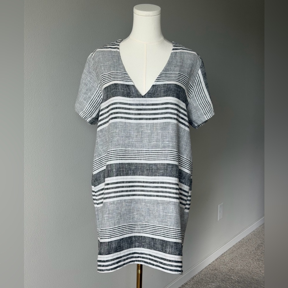 Stella Martini Coastal Linen Striped V-Neck Tunic Top Cover Up-Made in Italy-M